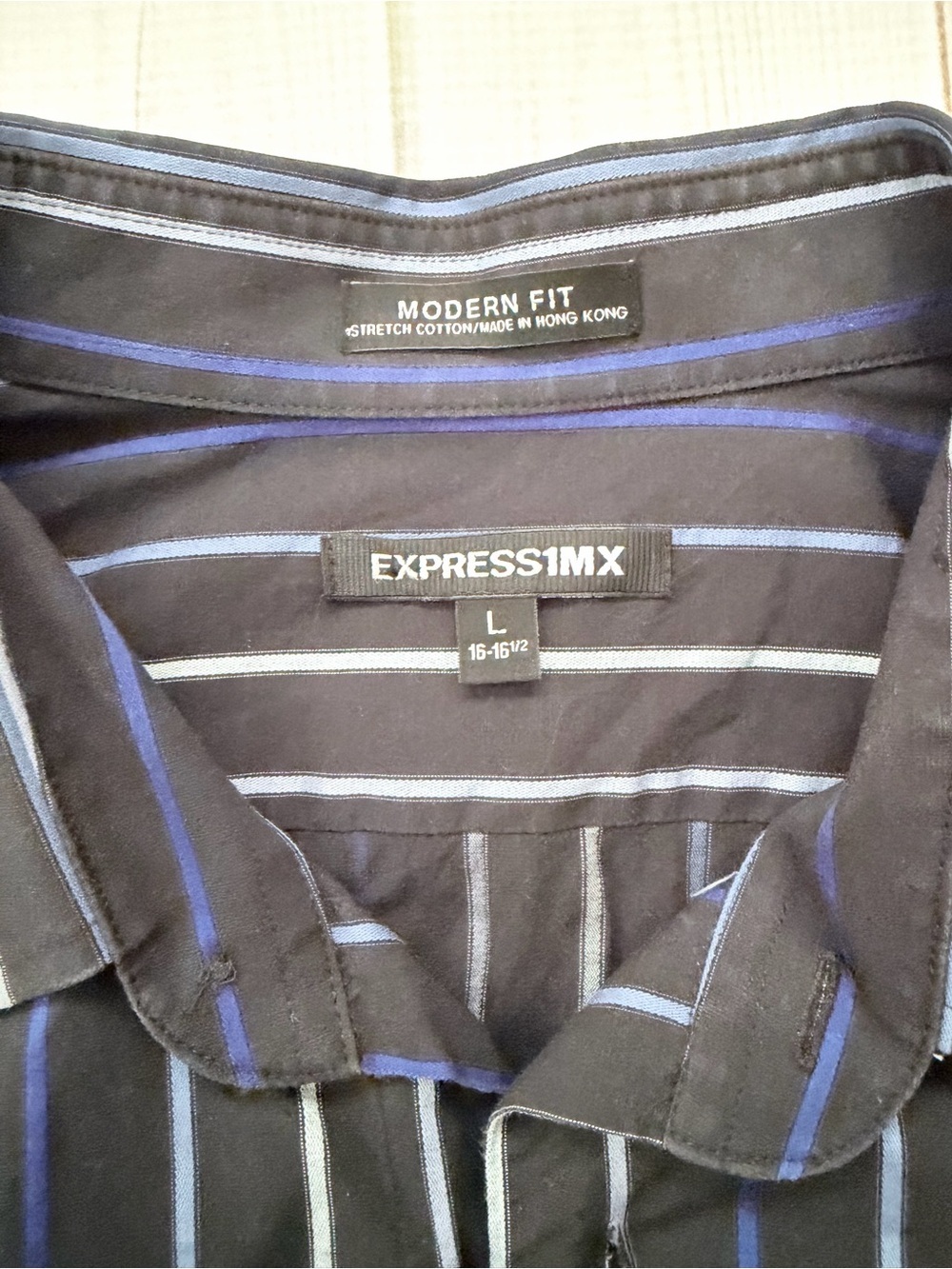 Express Black Button-Up Shirt with Blue & White Stripes - Picture 3 of 4